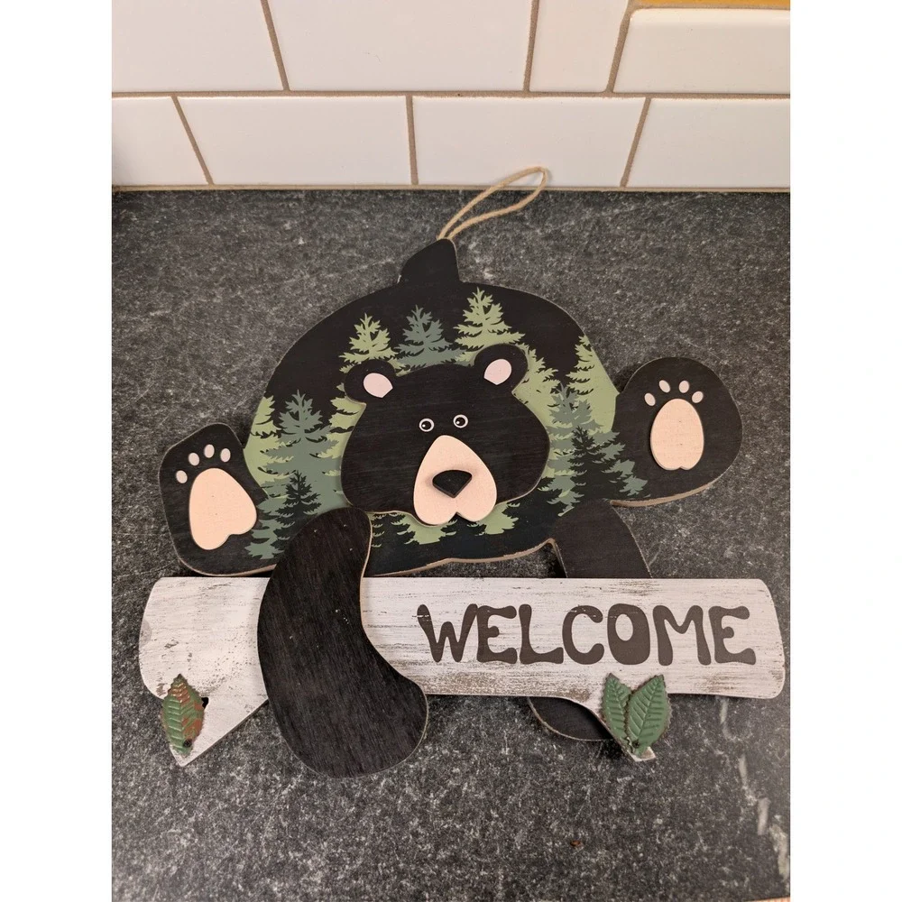 Rustic Wooden Black Bear Welcome Sign Pine Tree Forest Cabin Lodge Wall Decor